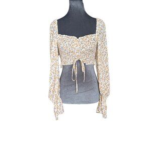 Floral Smocked Crop Top With Puff Sleeves & Tie Front By O.Vianca - Yellow & Whi